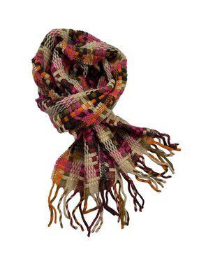 Vintage Colorful Italian Scarf Woven With Lambswool & Acrylic Fringe (i1104)